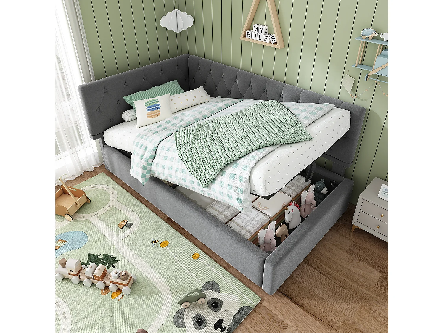 Lit Banquette capitonné 90×190 cm, lit d’appoint avec coffre hydraulique, velours gris, sommier bois, sans matelas