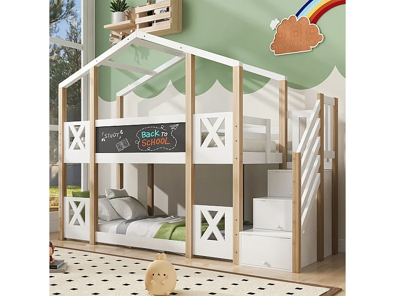 Lit cabane 90×200 avec escalier de rangement & barrières, bois & blanc, 2 sommiers (sans matelas)