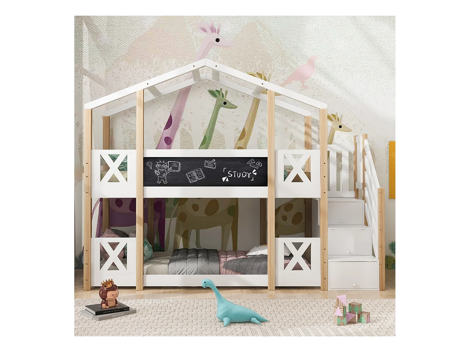 Lit cabane 90×200 avec escalier de rangement & barrières, bois & blanc, 2 sommiers (sans matelas)