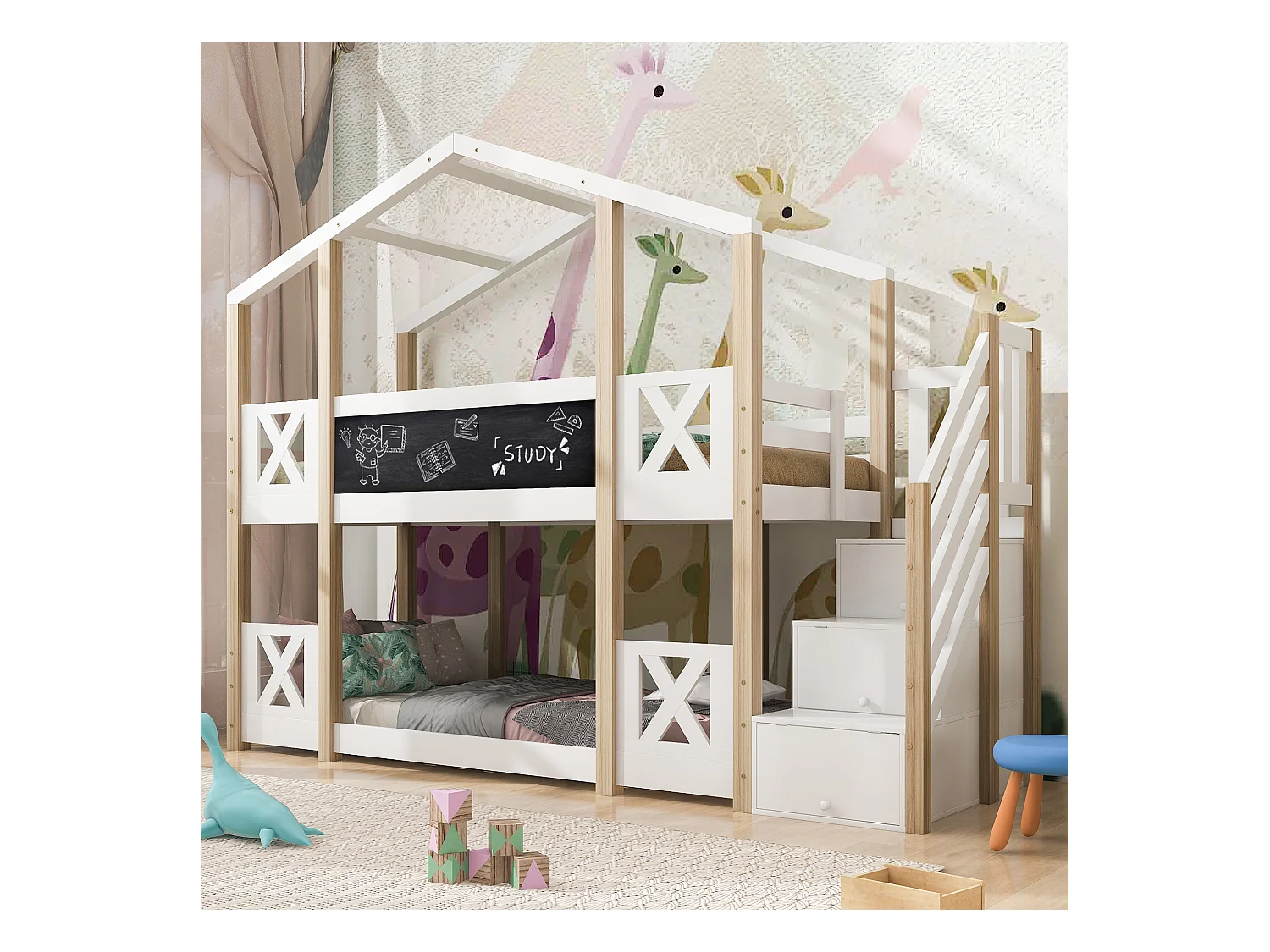 Lit cabane 90×200 avec escalier de rangement & barrières, bois & blanc, 2 sommiers (sans matelas)