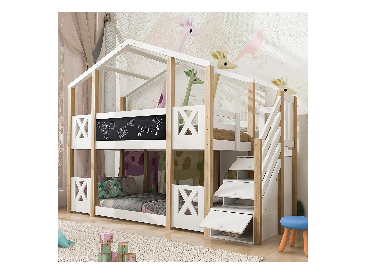 Lit cabane 90×200 avec escalier de rangement & barrières, bois & blanc, 2 sommiers (sans matelas)