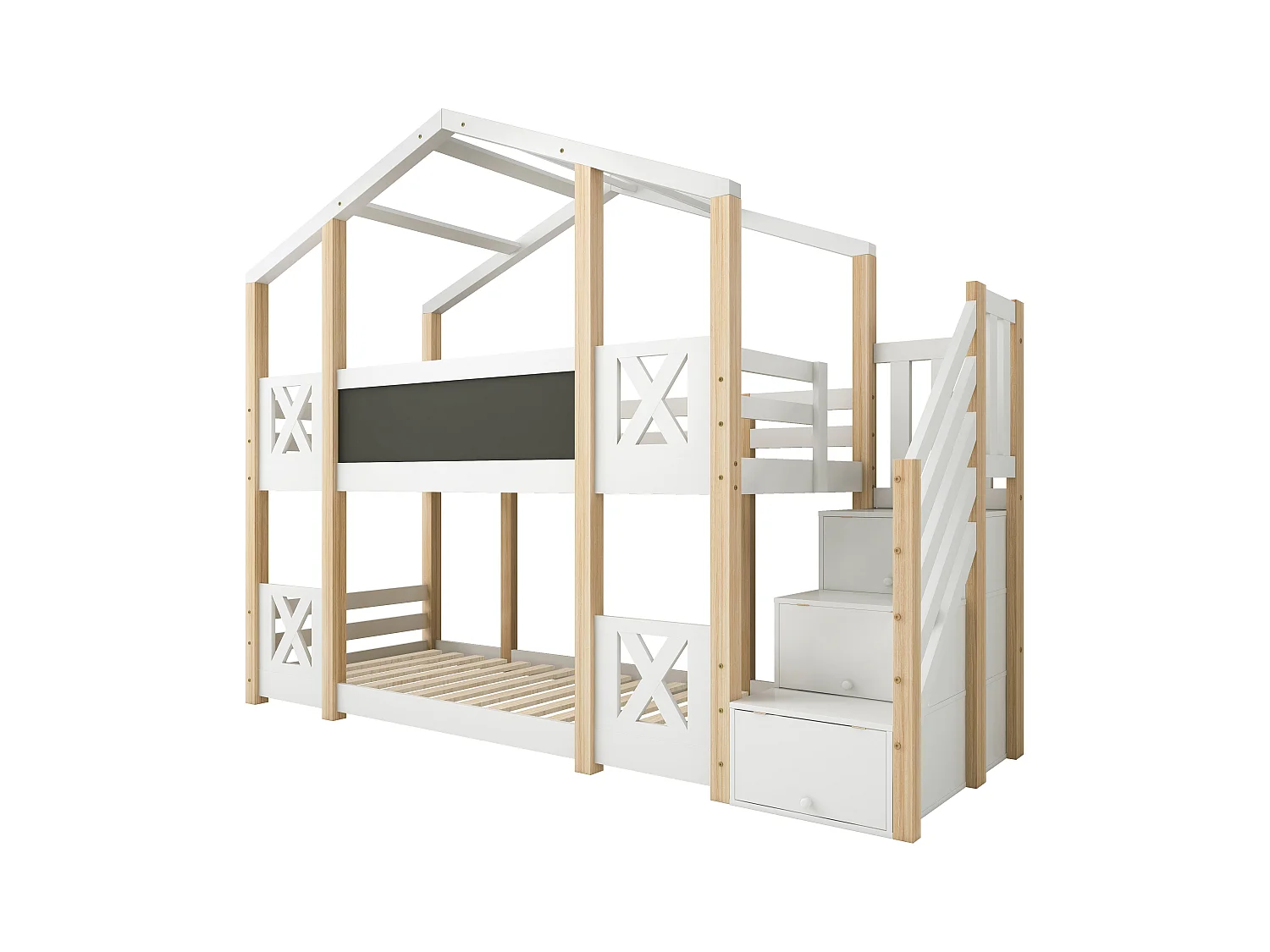 Lit cabane 90×200 avec escalier de rangement & barrières, bois & blanc, 2 sommiers (sans matelas)