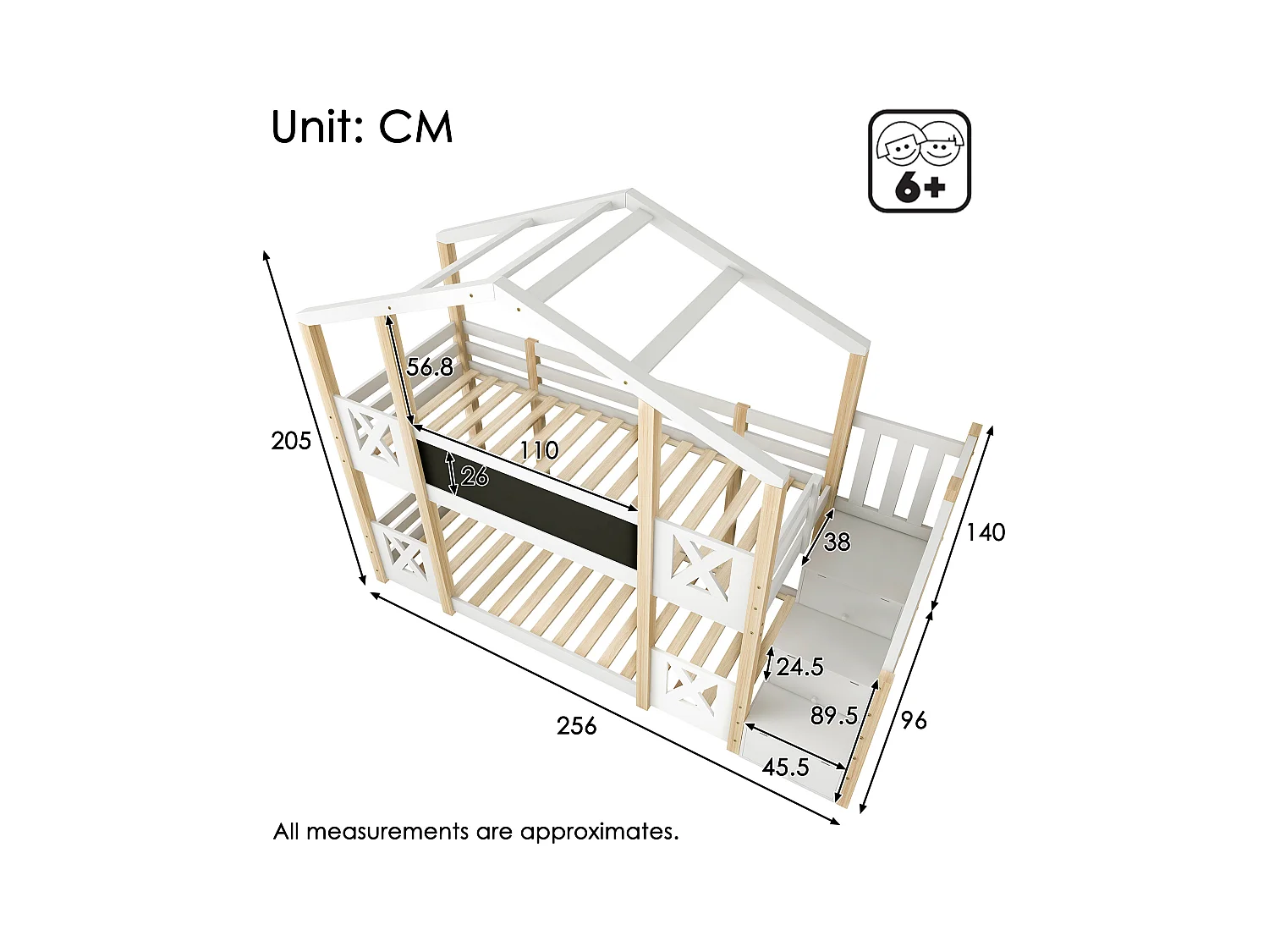 Lit cabane 90×200 avec escalier de rangement & barrières, bois & blanc, 2 sommiers (sans matelas)
