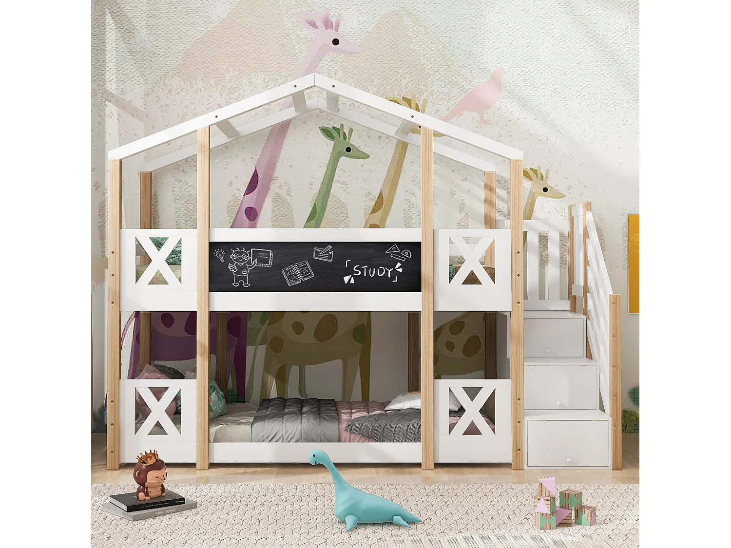 Lit cabane 90×200 avec escalier de rangement & barrières, bois & blanc, 2 sommiers (sans matelas)