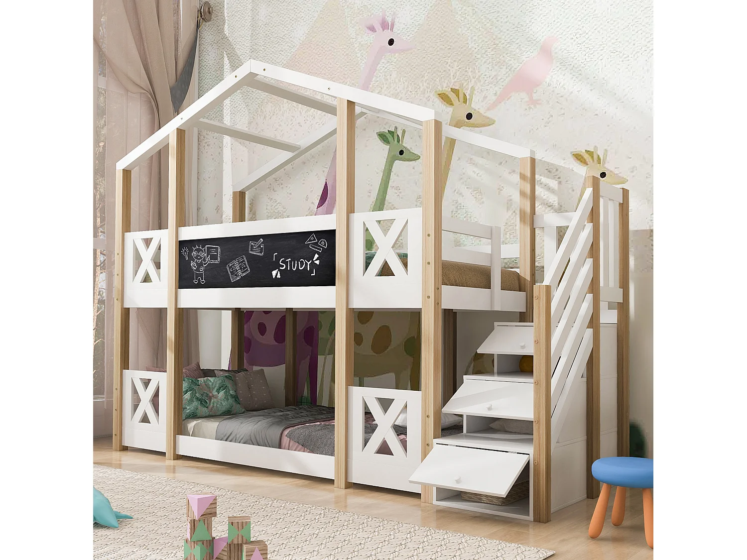 Lit cabane 90×200 avec escalier de rangement & barrières, bois & blanc, 2 sommiers (sans matelas)