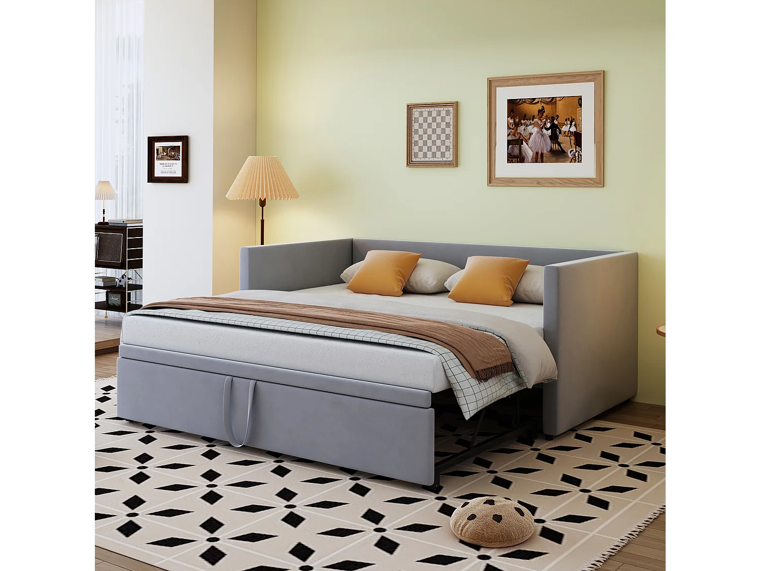 Canapé-lit extensible 90/180x200 cm avec sommier, lit multifonction rembourré gris en velours, design pratique