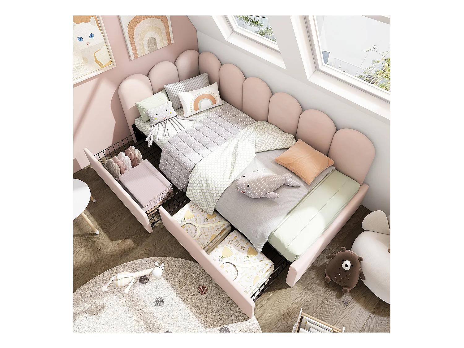 Lit banquette capitonné 90×200 cm, lit simple avec tiroirs de rangement, velours rose, sommier bois, sans matelas