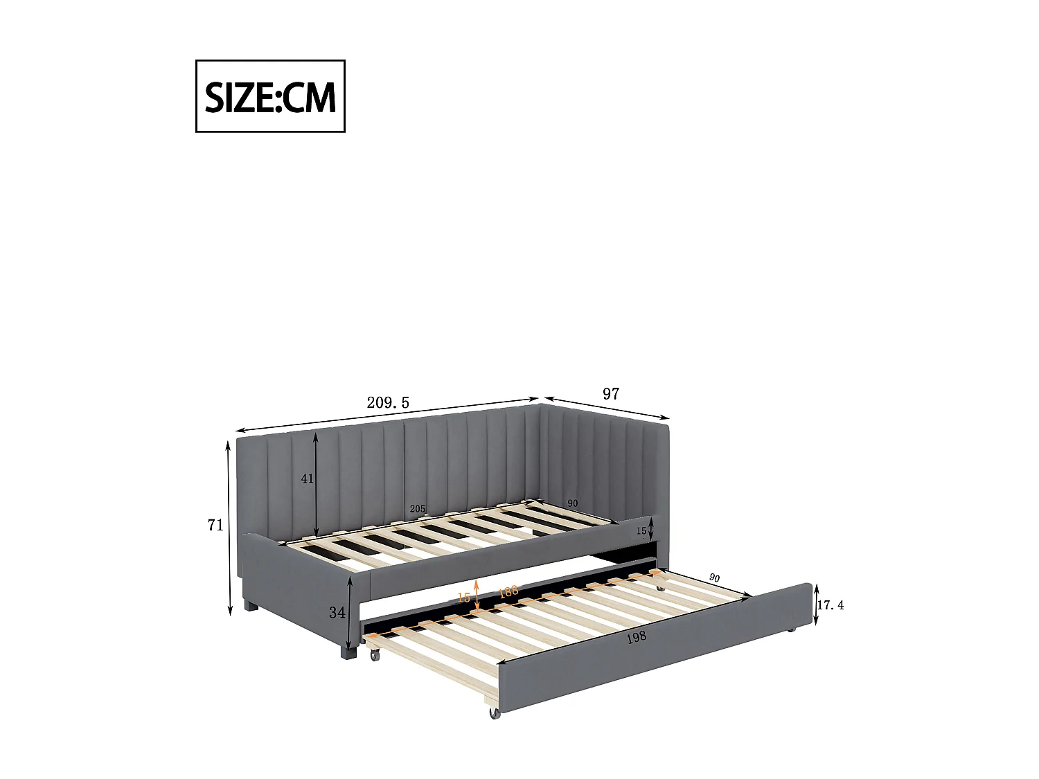 Lit rembourré extensible 90x200 cm avec sommier, velours gris, lit multifonction pour enfant, adolescent ou invité