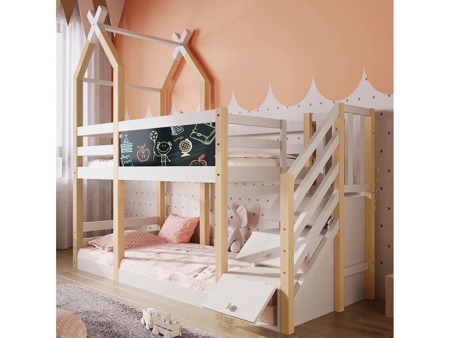 Lit superposé 90×200 style cabane avec tableau noir, rangements & barrières de sécurité, bois/blanc, 2 sommiers