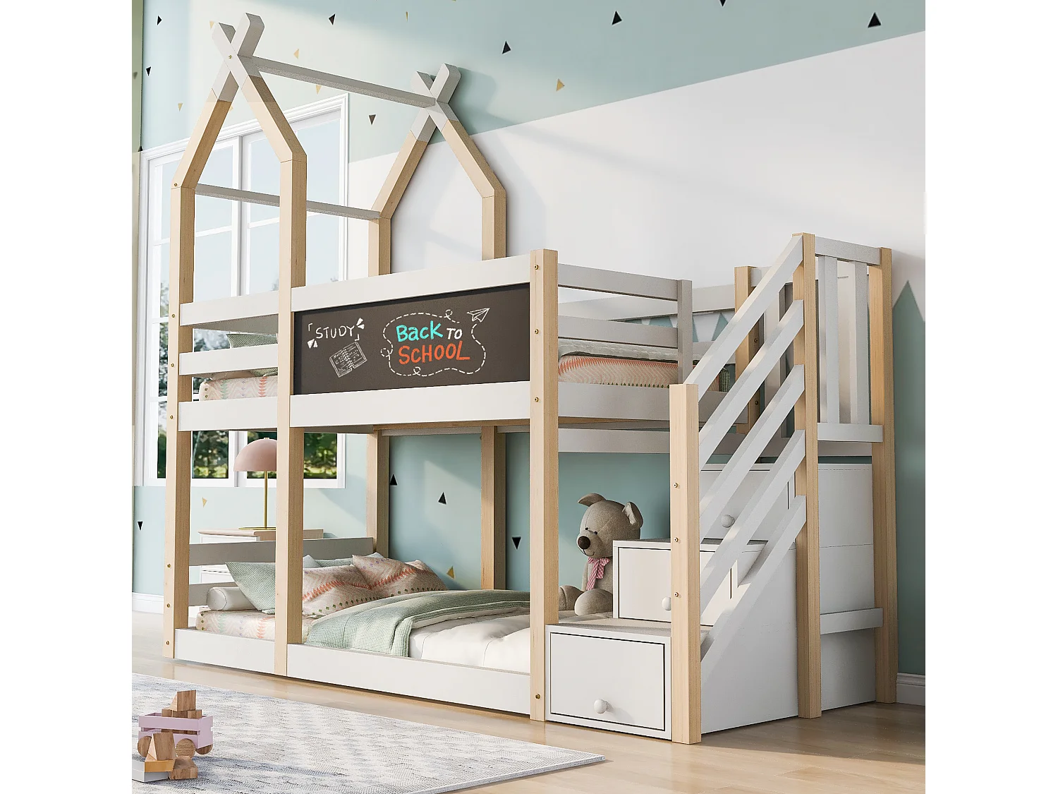 Lit superposé 90×200 style cabane avec tableau noir, rangements & barrières de sécurité, bois/blanc, 2 sommiers