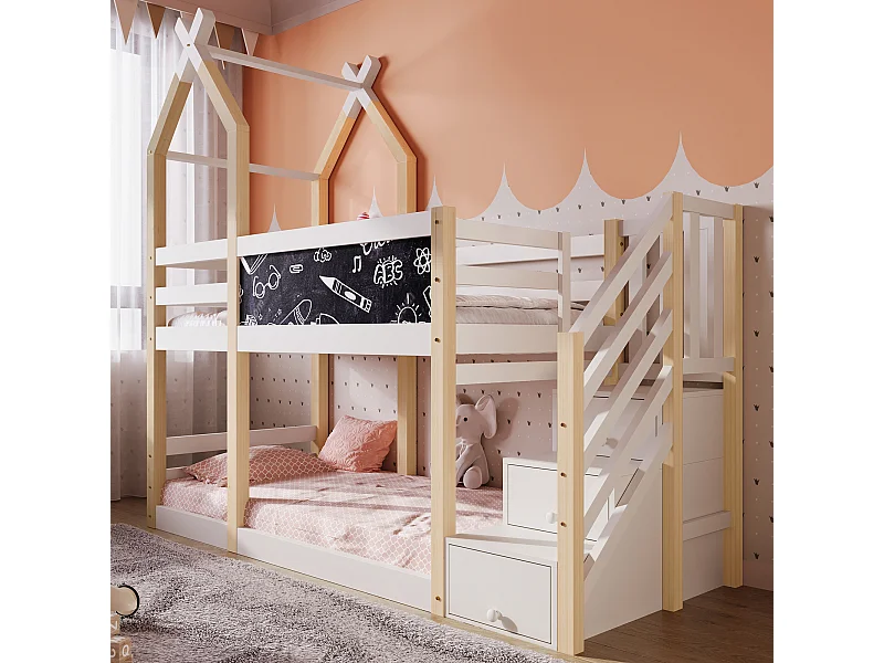 Lit superposé 90×200 style cabane avec tableau noir, rangements & barrières de sécurité, bois/blanc, 2 sommiers