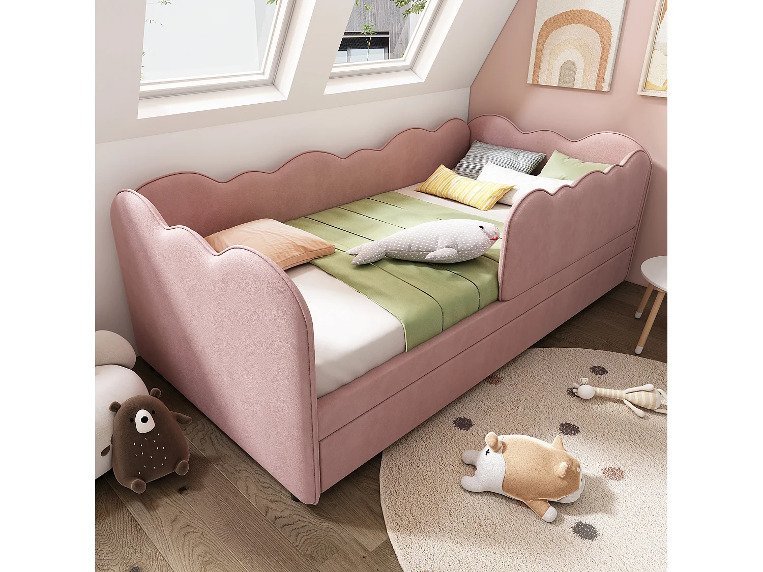 Lit Banquette capitonné 90×190 cm, lit d’appoint extensible pour enfant, velours rose, sans matelas