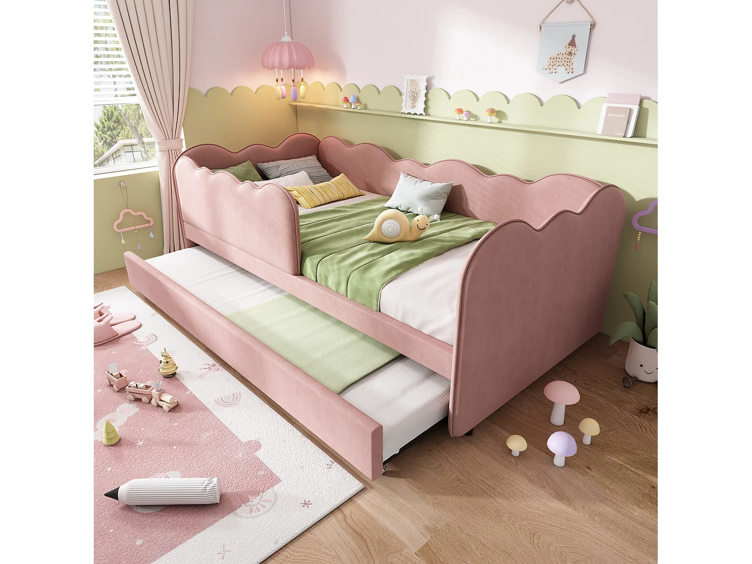 Lit Banquette capitonné 90×190 cm, lit d’appoint extensible pour enfant, velours rose, sans matelas
