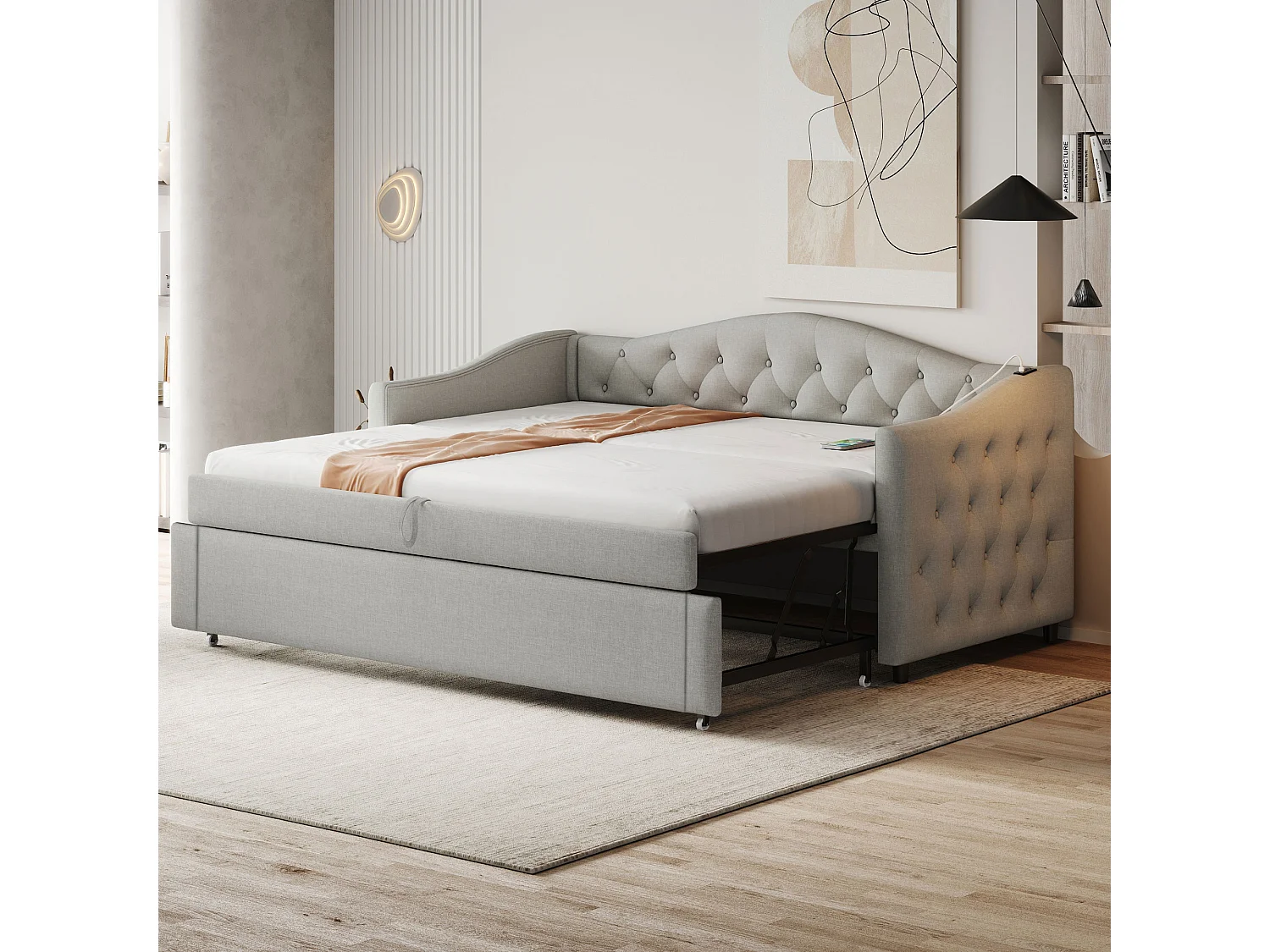 Canapé-lit extensible 90x200 cm avec port USB, design capitonné, lit multifonction avec sommier, tissu en lin gris (sans matelas)