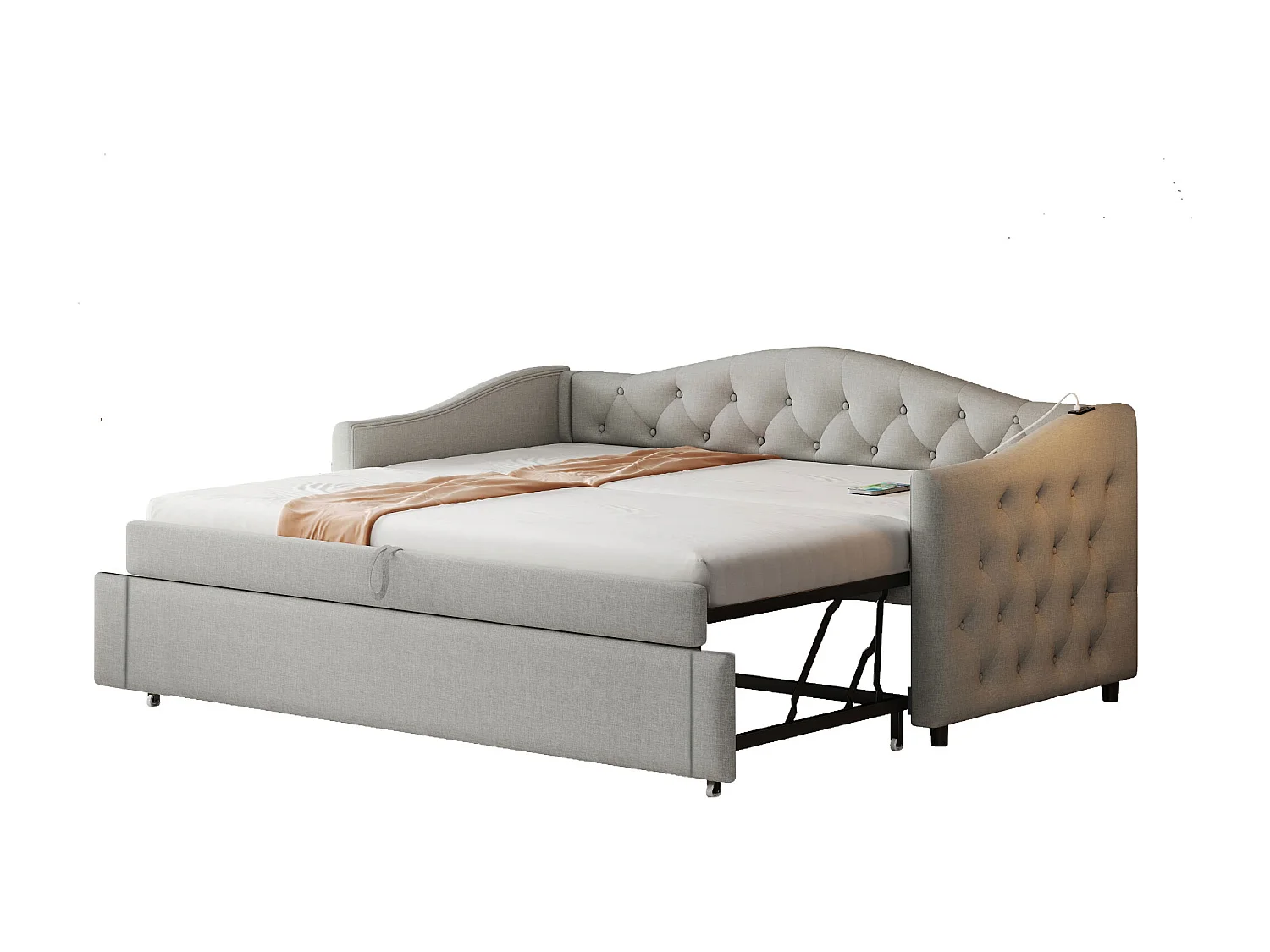 Canapé-lit extensible 90x200 cm avec port USB, design capitonné, lit multifonction avec sommier, tissu en lin gris (sans matelas)