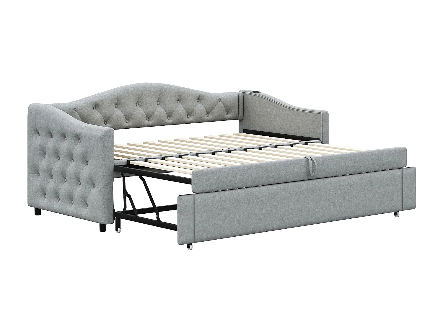 Canapé-lit extensible 90x200 cm avec port USB, design capitonné, lit multifonction avec sommier, tissu en lin gris (sans matelas)
