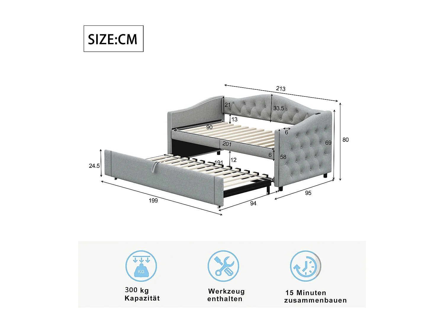 Canapé-lit extensible 90x200 cm avec port USB, design capitonné, lit multifonction avec sommier, tissu en lin gris (sans matelas)