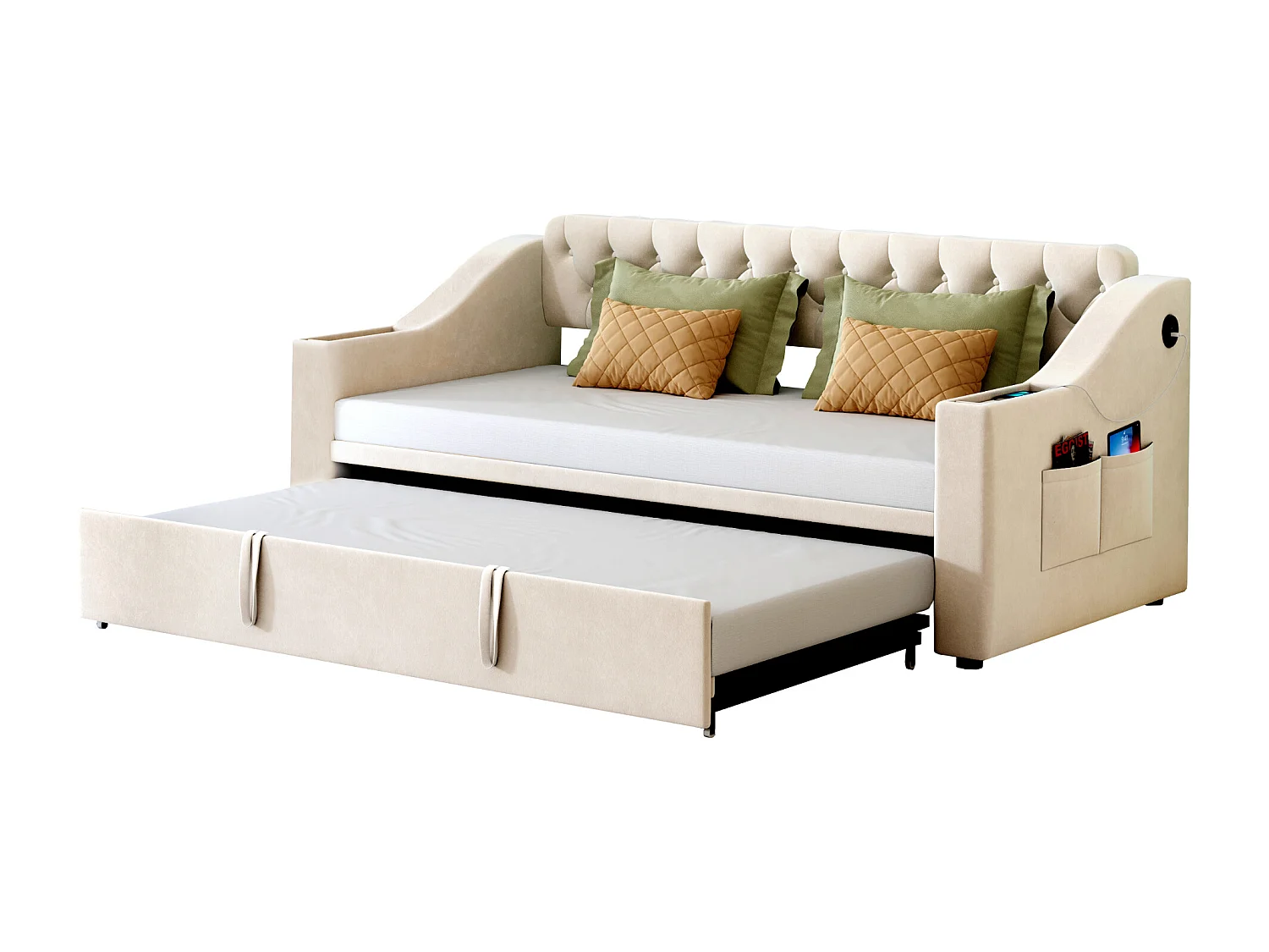 Canapé-lit rembourré 90/180x190 cm, accoudoirs larges avec port USB et rangements intégrés, velours beige