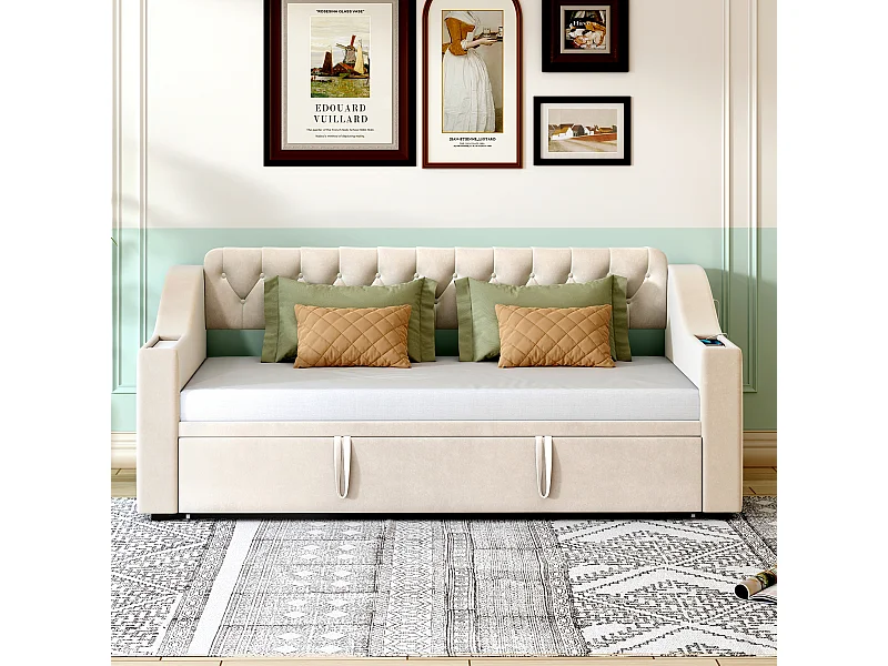 Canapé-lit rembourré 90/180x190 cm, accoudoirs larges avec port USB et rangements intégrés, velours beige