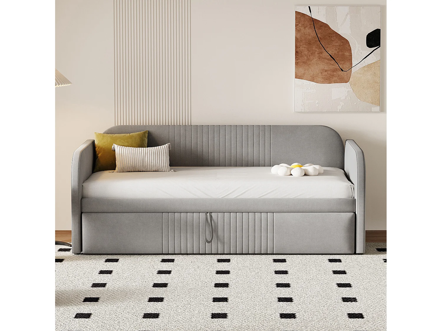 Lit rembourré extensible 90/180x190 cm à rayures verticales, en lin respirant, avec sommier, gris clair (matelas non inclus)