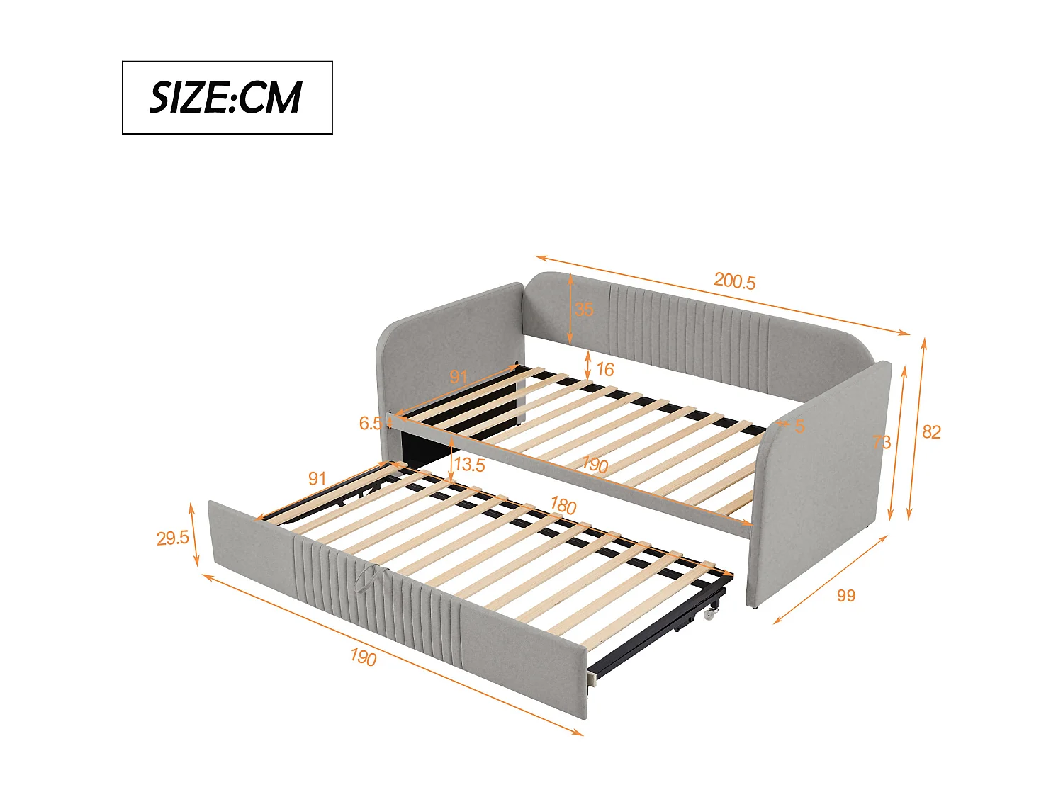 Lit rembourré extensible 90/180x190 cm à rayures verticales, en lin respirant, avec sommier, gris clair (matelas non inclus)