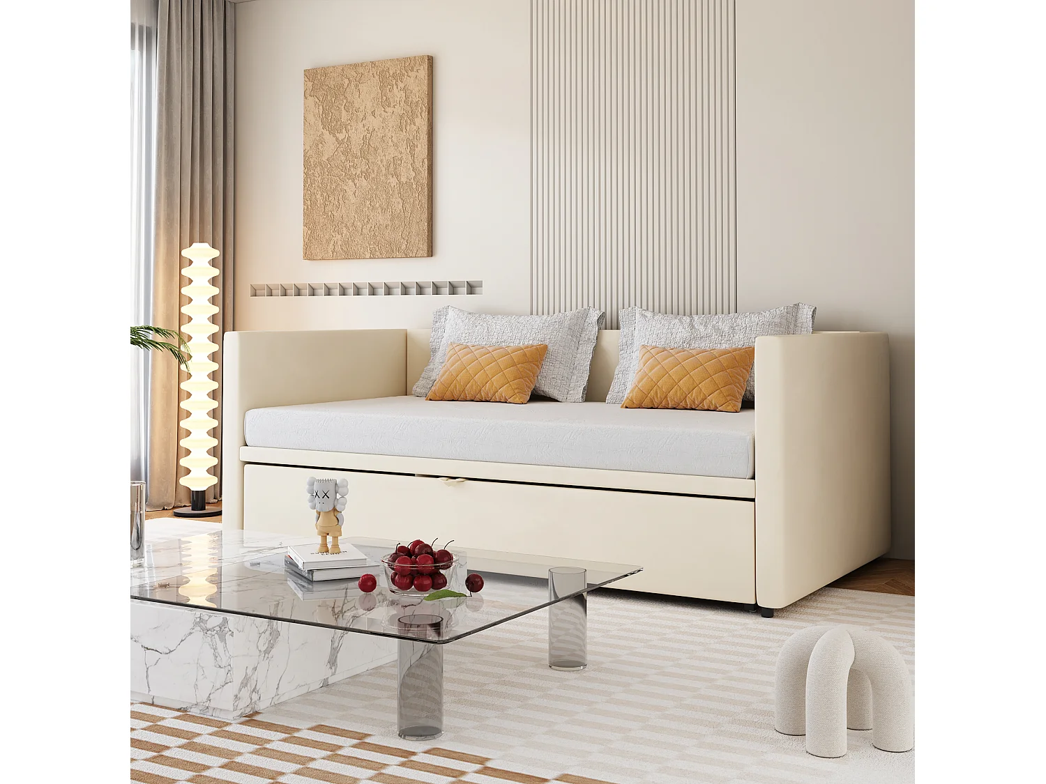 Canapé-lit extensible 90/180x200 cm avec sommier, lit multifonction rembourré en velours beige, style contemporain