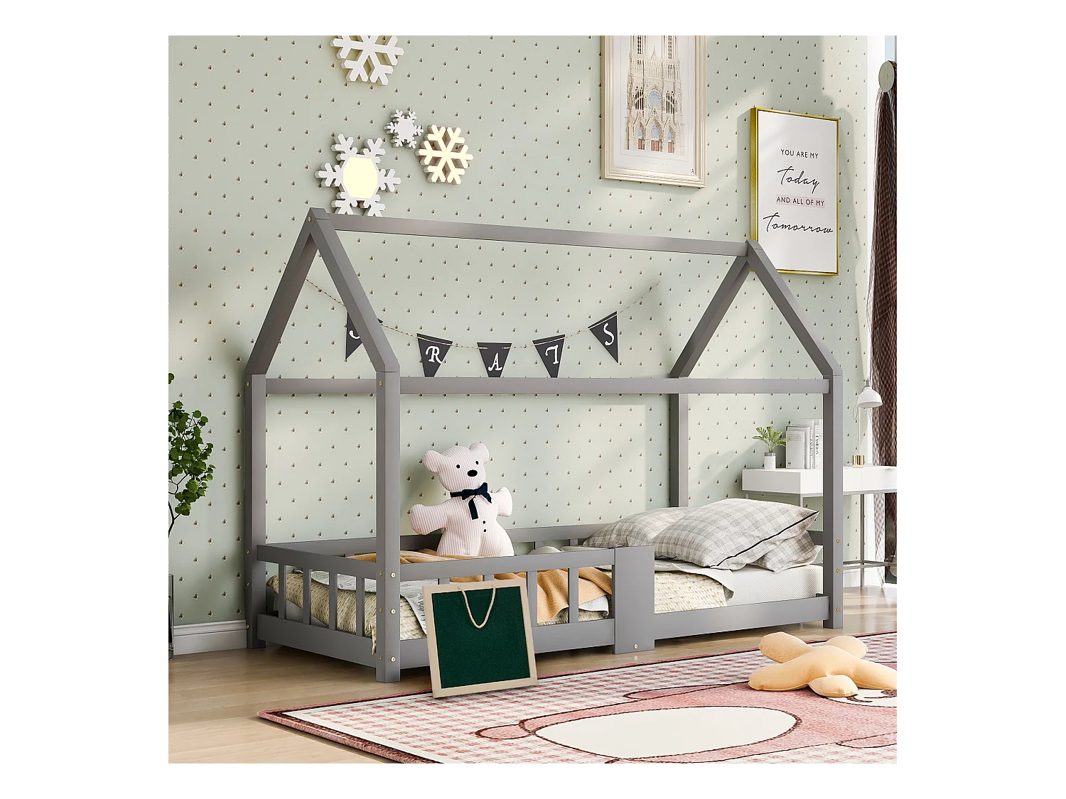 Lit maison Kinderbett 90x200 cm en bois de pin pour chambre d’enfant, tableau et lattes inclus, garde-corps, Gris, sans matelas