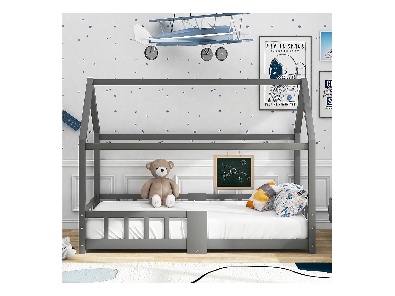 Lit maison Kinderbett 90x200 cm en bois de pin pour chambre d’enfant, tableau et lattes inclus, garde-corps, Gris, sans matelas
