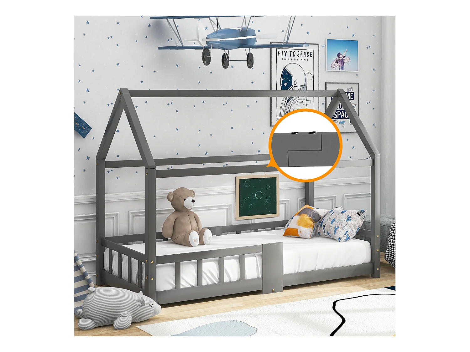 Lit maison Kinderbett 90x200 cm en bois de pin pour chambre d’enfant, tableau et lattes inclus, garde-corps, Gris, sans matelas