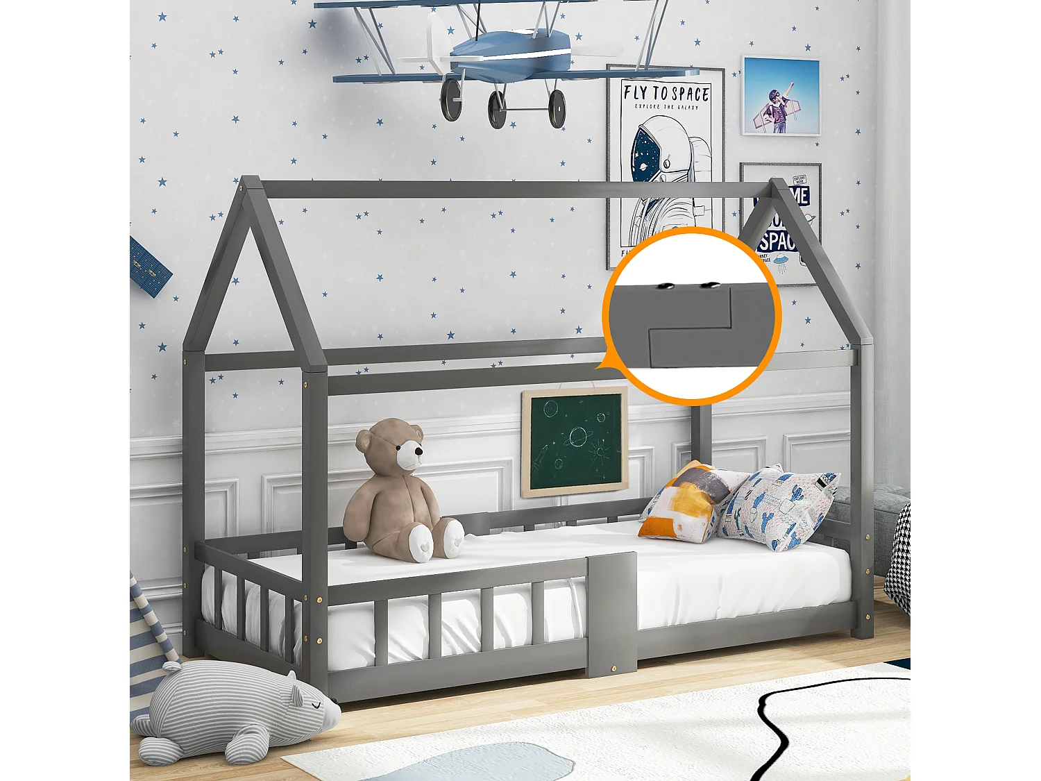 Lit maison Kinderbett 90x200 cm en bois de pin pour chambre d’enfant, tableau et lattes inclus, garde-corps, Gris, sans matelas