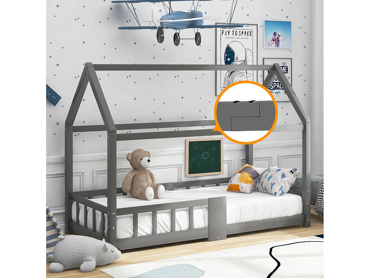 Lit maison Kinderbett 90x200 cm en bois de pin pour chambre d’enfant, tableau et lattes inclus, garde-corps, Gris, sans matelas