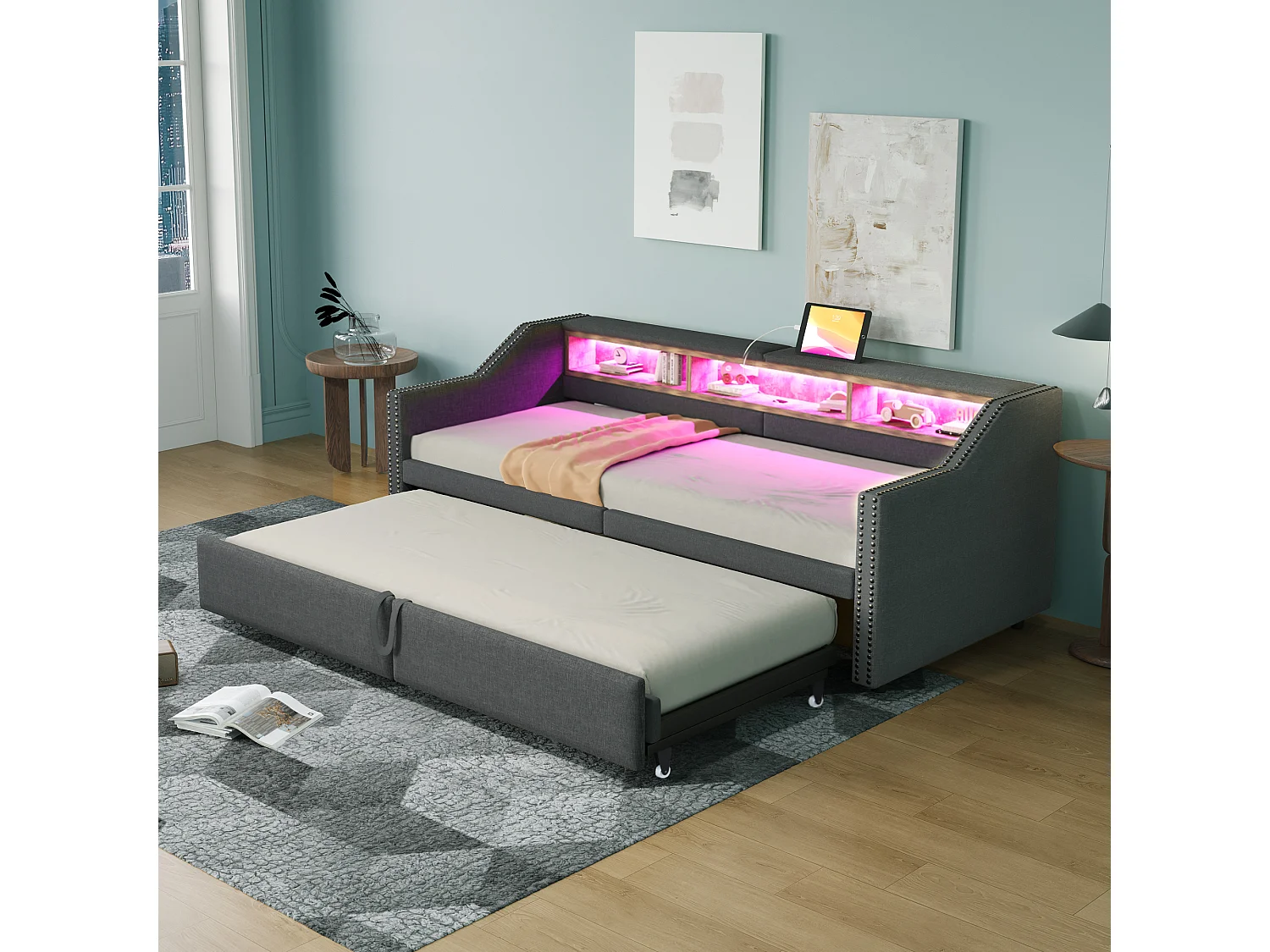 Lit rembourré extensible 90/180x200 cm en lin gris foncé, canapé-lit avec LED, port USB et rangement pratique