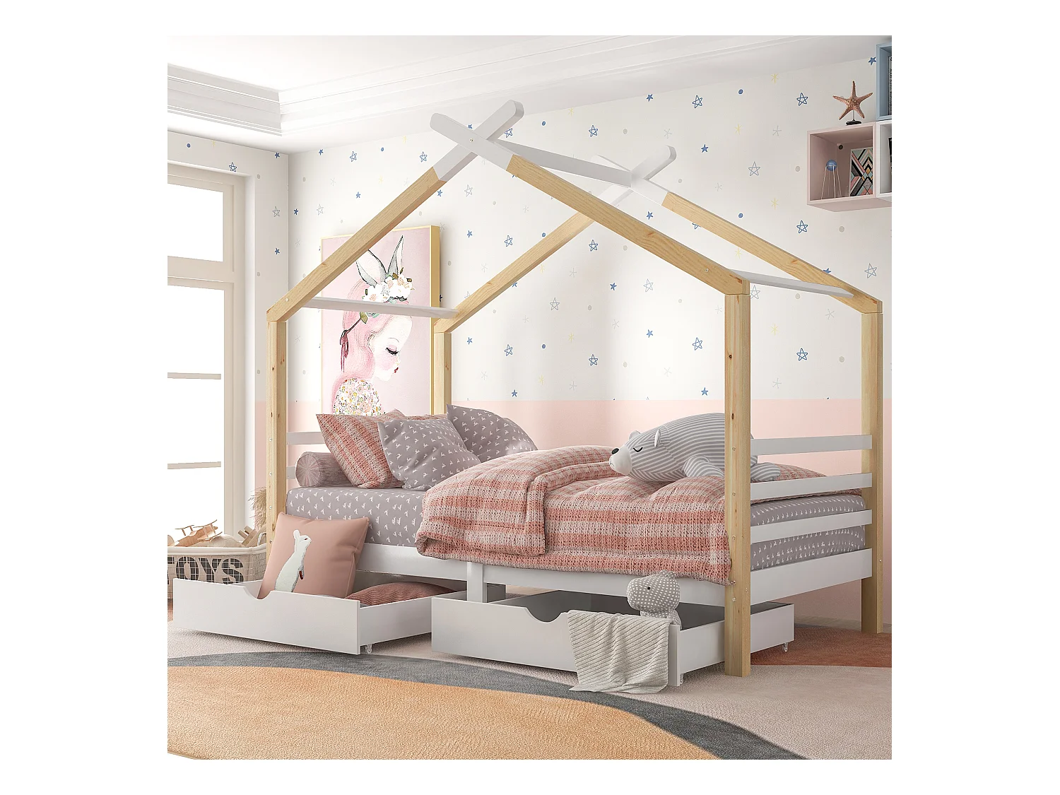 Lit maison enfant 90 x 200 cm, bois massif avec tiroirs et sommier, Kiefer, Blanc + bois, pour chambre