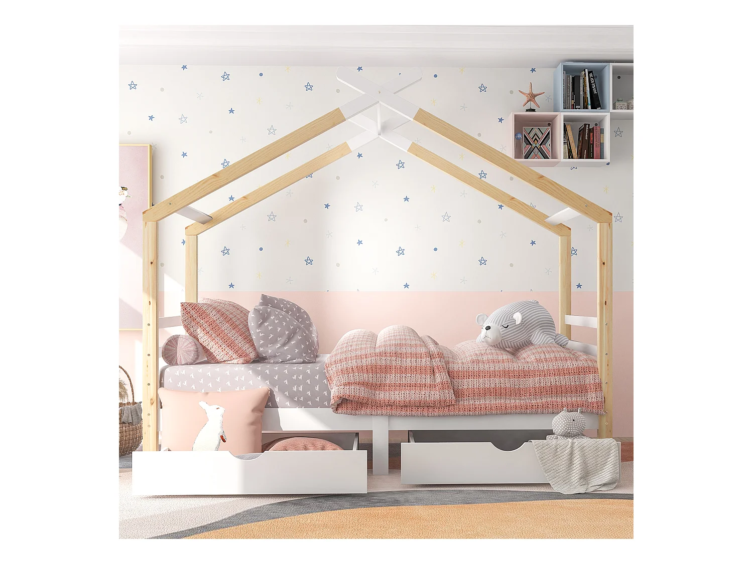 Lit maison enfant 90 x 200 cm, bois massif avec tiroirs et sommier, Kiefer, Blanc + bois, pour chambre