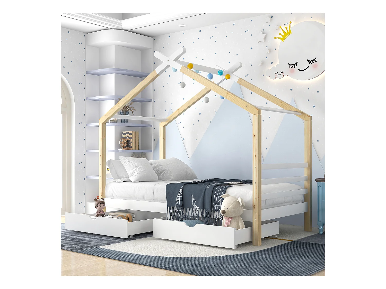 Lit maison enfant 90 x 200 cm, bois massif avec tiroirs et sommier, Kiefer, Blanc + bois, pour chambre