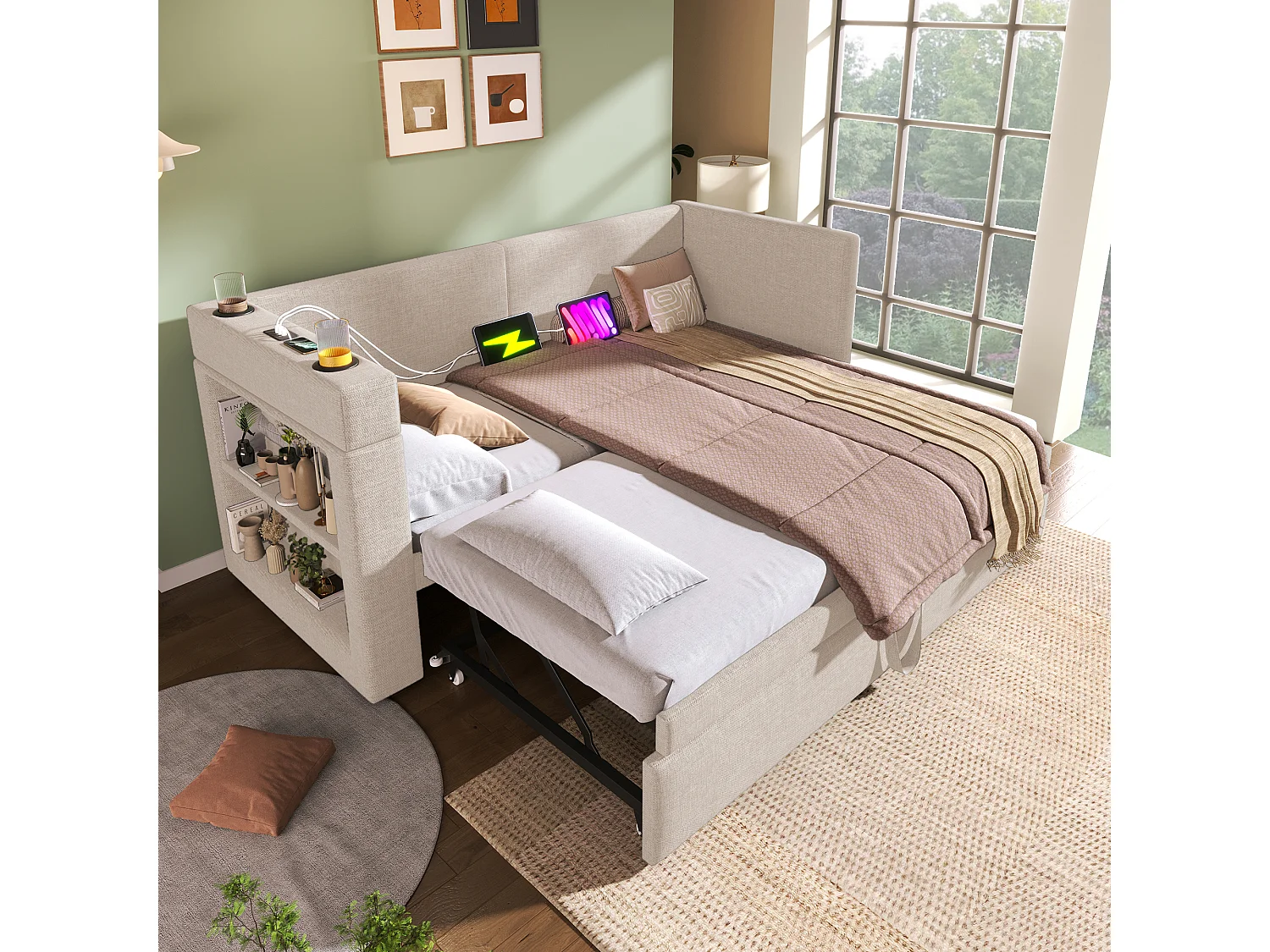 Lit banquette capitonné 90×200 cm, lit simple extensible avec ports USB-C et porte-gobelet, tissu lin beige, sans matelas