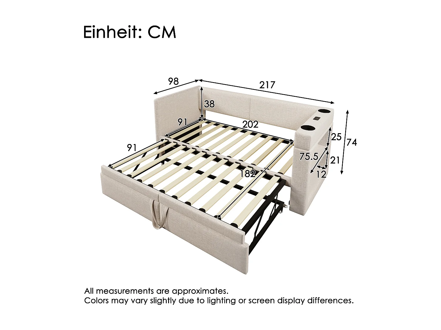 Lit banquette capitonné 90×200 cm, lit simple extensible avec ports USB-C et porte-gobelet, tissu lin beige, sans matelas