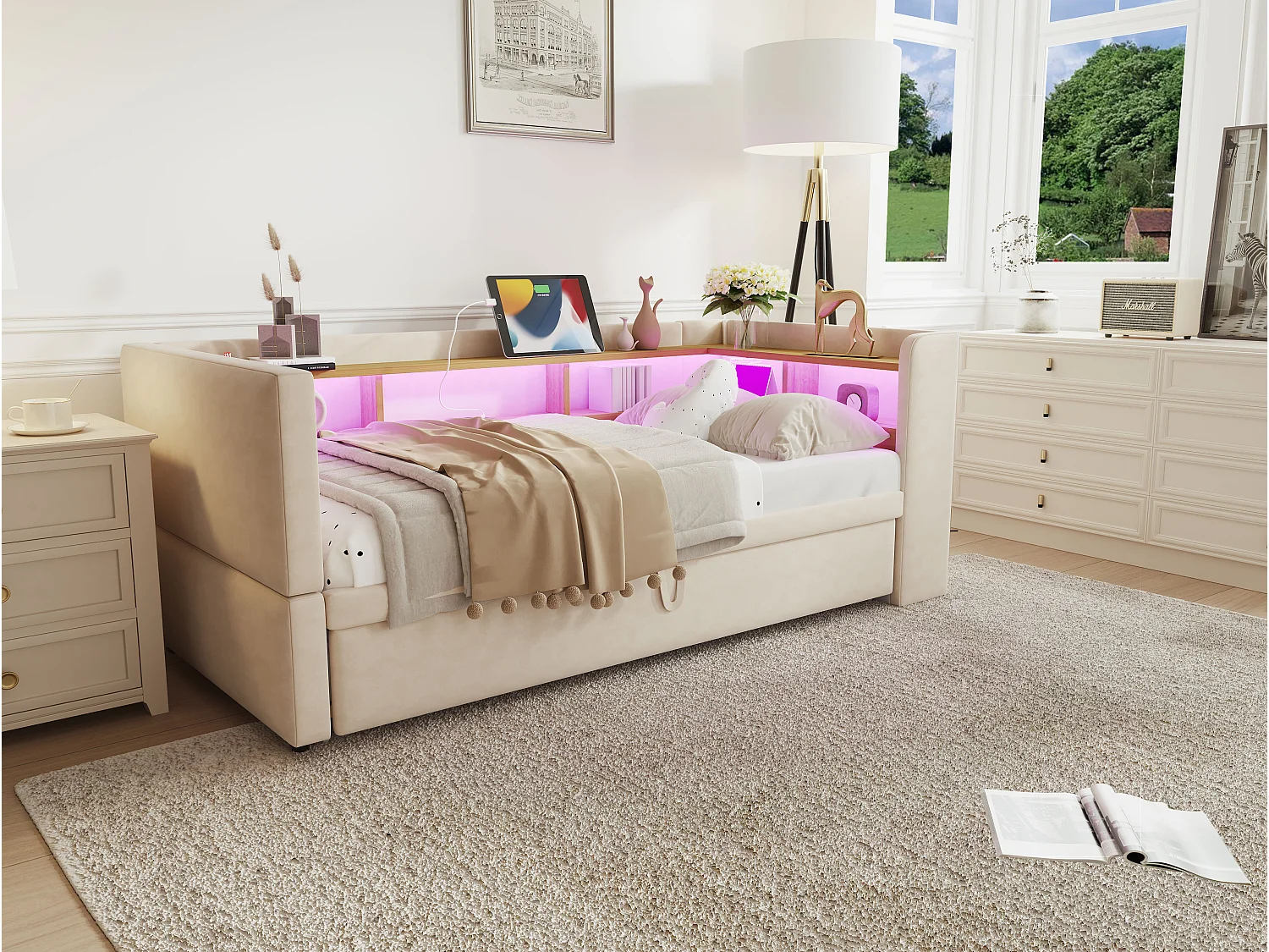 Lit rembourré extensible 90/180x190 cm avec LED, ports USB et rangements intégrés, canapé-lit multifonction, beige