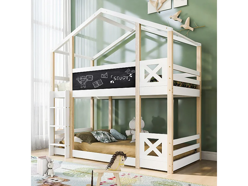 Lit cabane 90×200 avec échelle, bois & blanc, 2 sommiers (sans matelas)