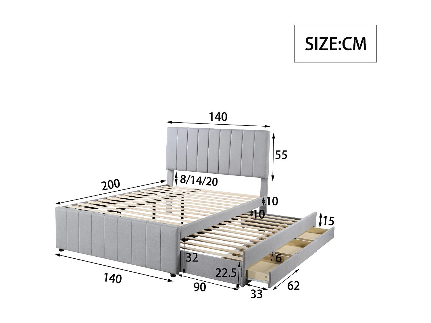 Lit double 140x200 cm avec lit gigogne et tiroirs, revêtement en lin gris, lit d’enfant ou d’invité