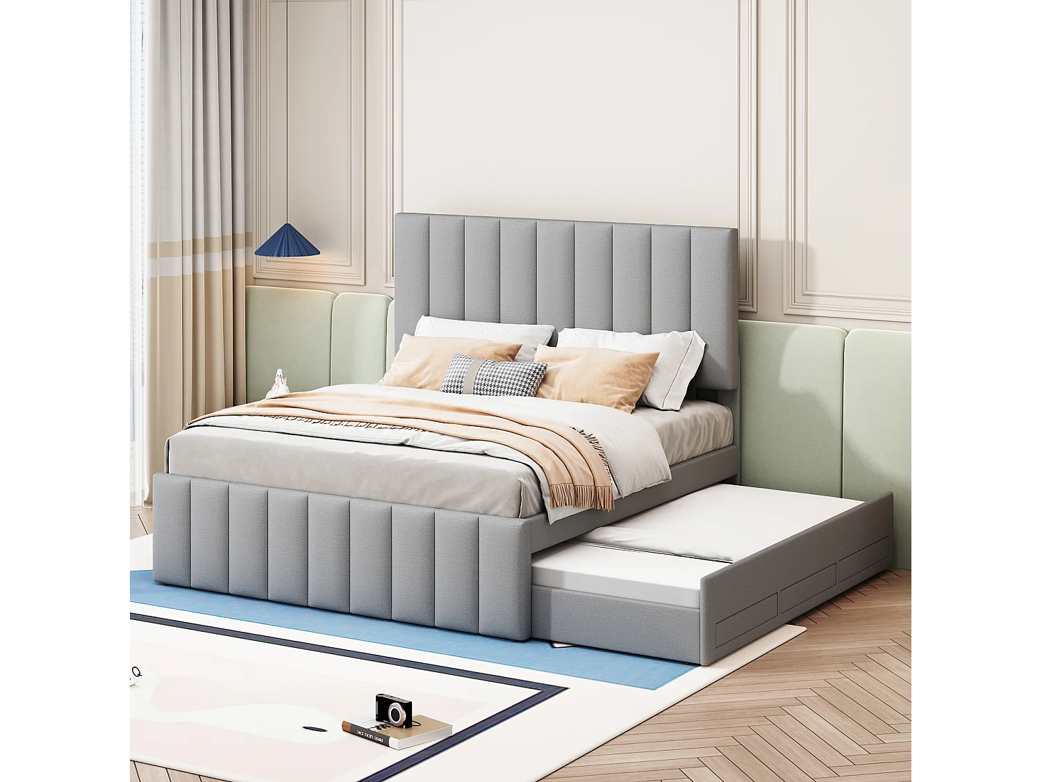 Lit double 140x200 cm avec lit gigogne et tiroirs, revêtement en lin gris, lit d’enfant ou d’invité