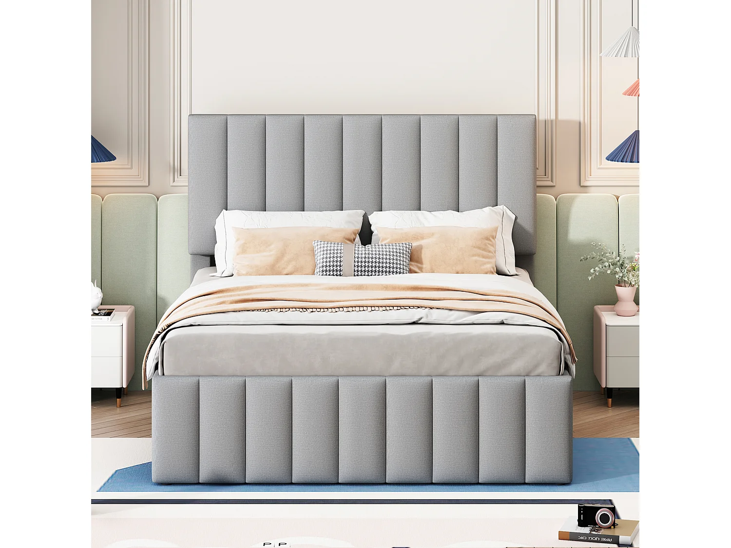 Lit double 140x200 cm avec lit gigogne et tiroirs, revêtement en lin gris, lit d’enfant ou d’invité