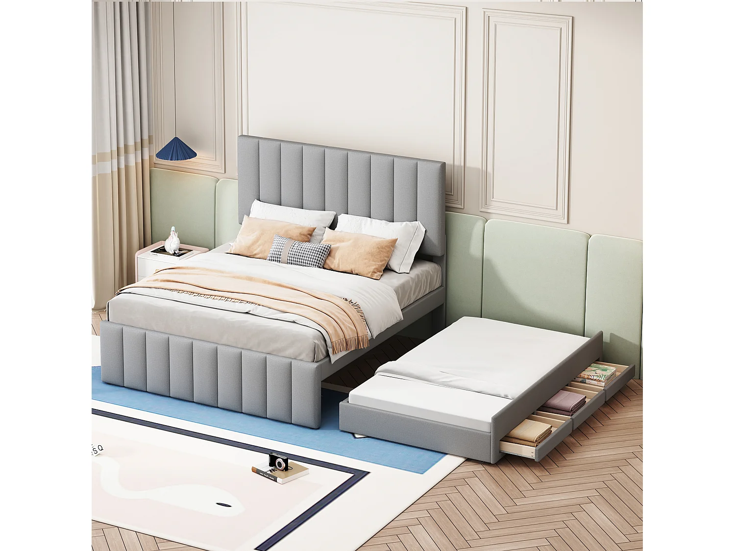 Lit double 140x200 cm avec lit gigogne et tiroirs, revêtement en lin gris, lit d’enfant ou d’invité