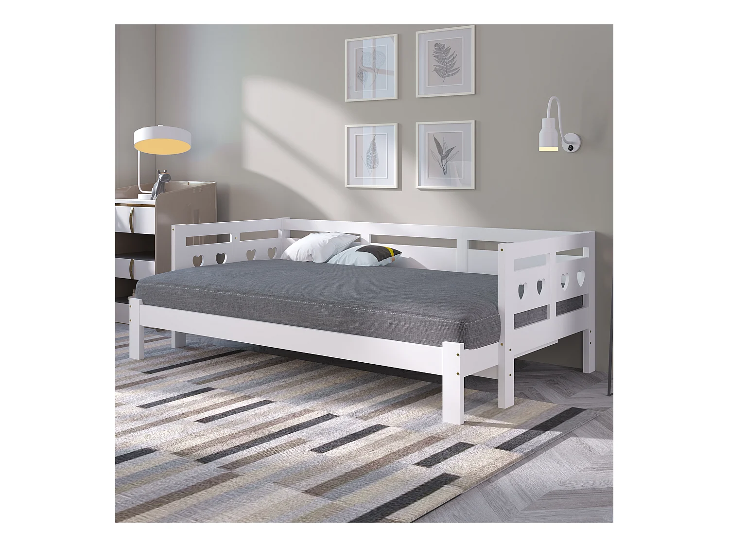 Lit banquette en pin massif 90×190 cm, lit extensible avec deuxième couchage et sommier à roulettes, tête de lit cœur, blanc