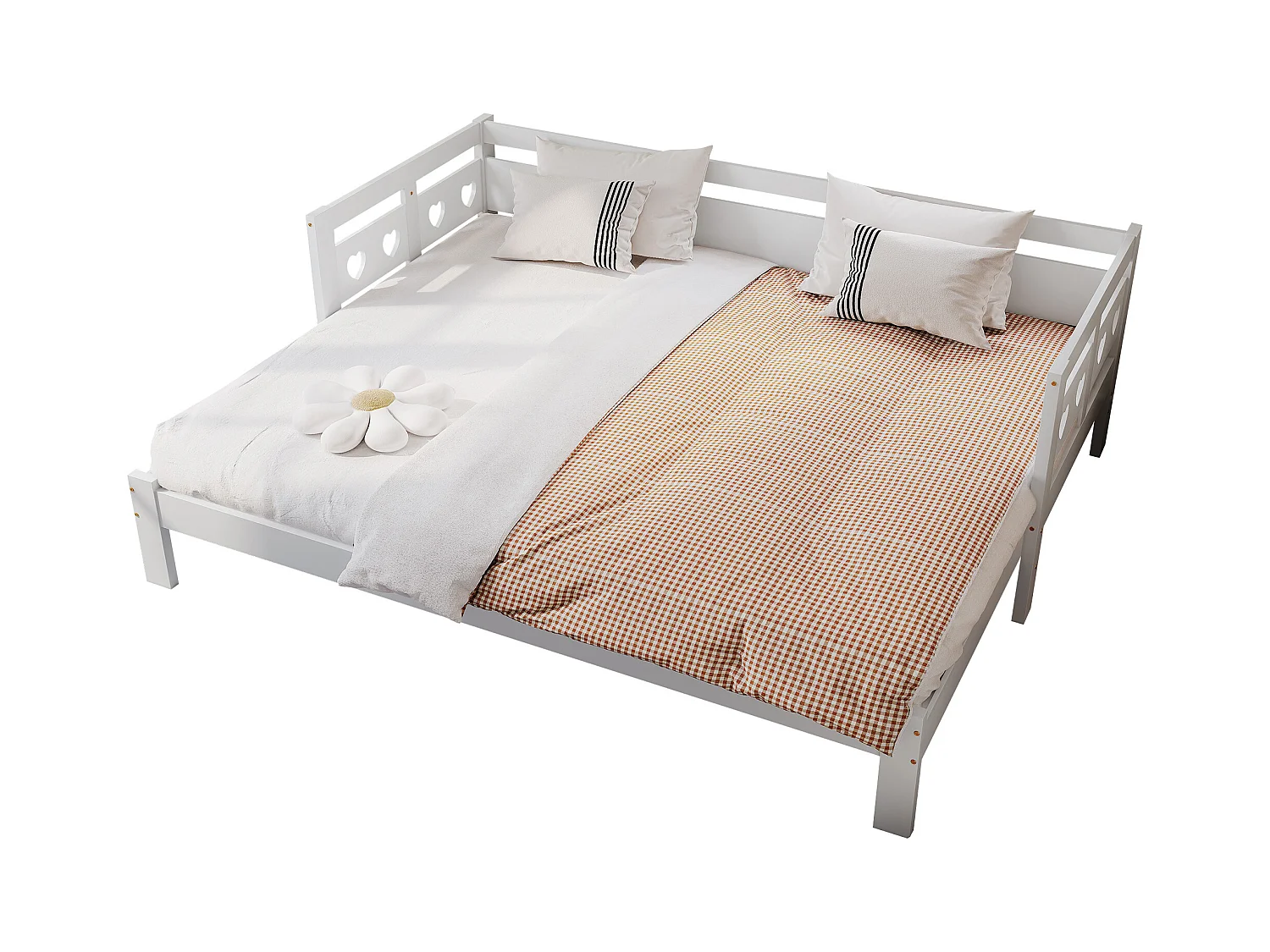 Lit banquette en pin massif 90×190 cm, lit extensible avec deuxième couchage et sommier à roulettes, tête de lit cœur, blanc