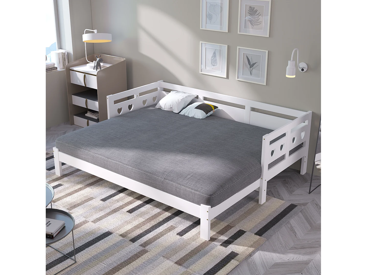 Lit banquette en pin massif 90×190 cm, lit extensible avec deuxième couchage et sommier à roulettes, tête de lit cœur, blanc