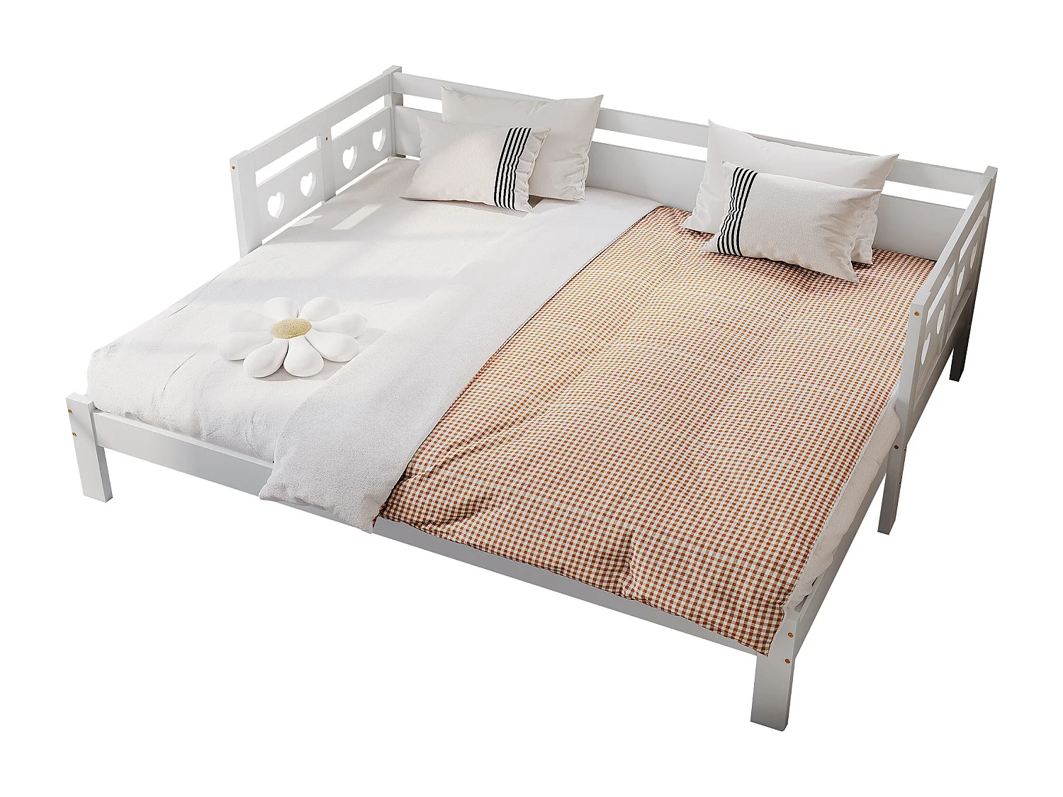 Lit banquette en pin massif 90×190 cm, lit extensible avec deuxième couchage et sommier à roulettes, tête de lit cœur, blanc