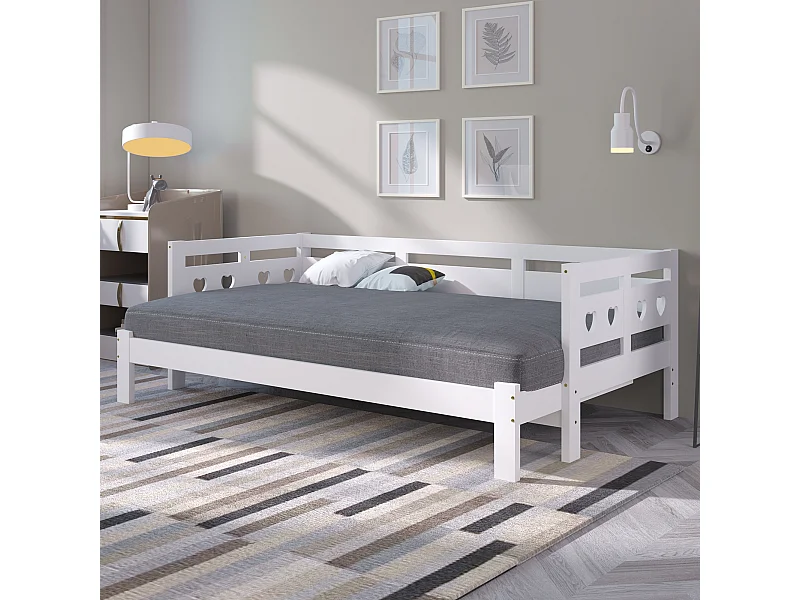 Lit banquette en pin massif 90×190 cm, lit extensible avec deuxième couchage et sommier à roulettes, tête de lit cœur, blanc