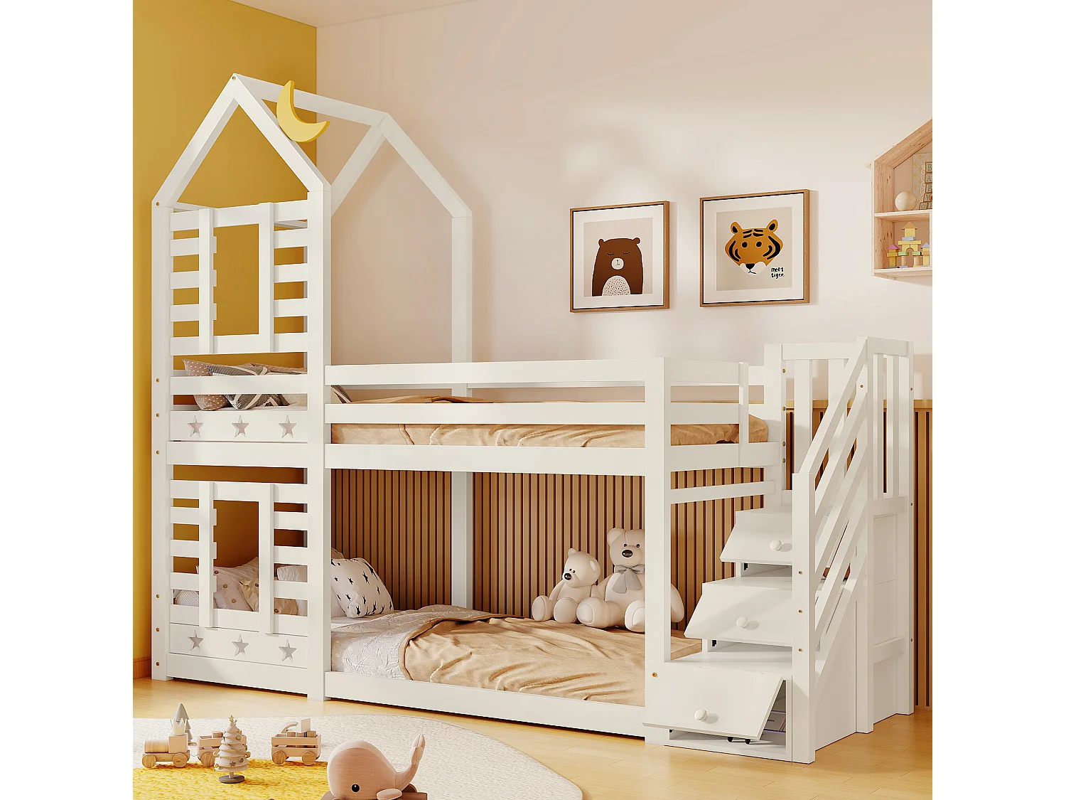 Lit superposé cabane 90×200 avec tiroirs & barrières, bois & blanc, 2 sommiers (sans matelas)