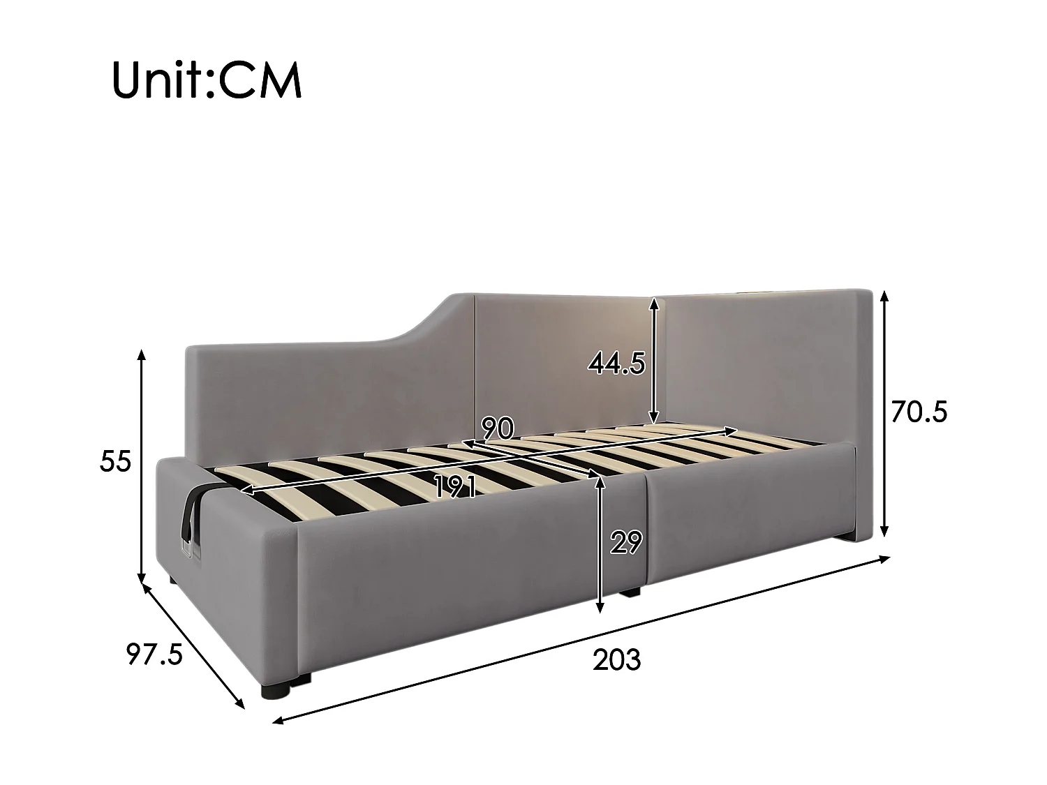 Lit banquette capitonné 90×190 cm, canapé-lit avec coffre hydraulique, lumière de lecture et port USB-C, velours gris, sans matelas